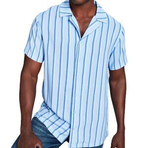 NEW! Mens AND NOW THIS Button Down Shirt‎ Striped Blue Large Rayon Collared